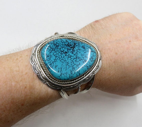 Vintage Huge Sterling Silver Navajo Turquoise Bangle Cuff by the artisan Wilbert Benally 87.5 grams Old Pawn