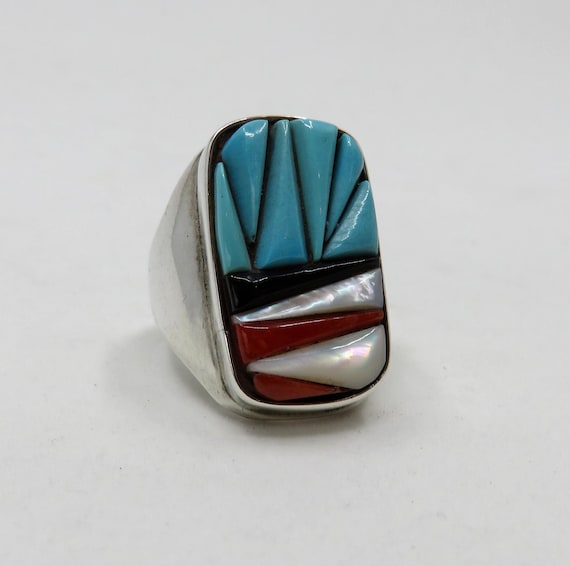 Vintage Solid Sterling Silver Navajo Inlaid Mother Of Pearl Turquoise Onyx Coral Statement Ring size S (9.5)