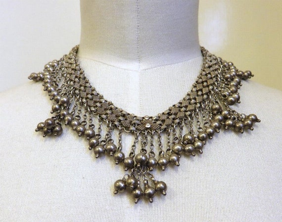 Vintage Solid Silver Beaded Necklace Rajasthani Indian Solid Silver 16" Length 154 grams Mid Century