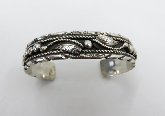 Vintage Sterling Silver Navajo Stamped Overlay Cuff Bangle signed by the artisan Monroe Ashley 27.2 grams