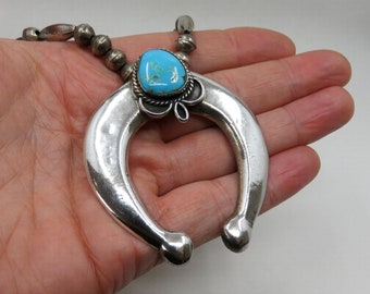 Vintage Sterling Silver Turquoise Navajo Tufa Sand Cast Naja Pendant Necklace 25" Length 82 grams