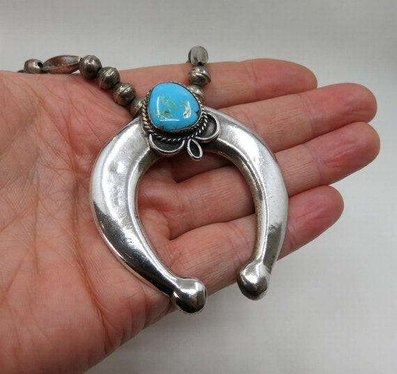 Vintage Sterling Silver Turquoise Navajo Tufa Sand Cast Naja Pendant Necklace 25" Length 82 grams