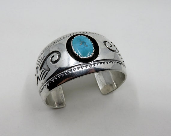 Vintage Navajo Hopi Sterling Silver Shadowbox Turquoise Overlay Bangle Cuff 80 grams