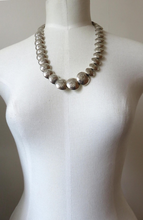 Vintage Sterling Silver Stamped Navajo Bead Necklace Old Pawn Graduated 22" length 48.5 grams