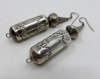 Vintage Sterling Silver Old Pawn Navajo Stamped Bead Drop Hook Earrings