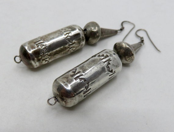 Vintage Sterling Silver Old Pawn Navajo Stamped Bead Drop Hook Earrings