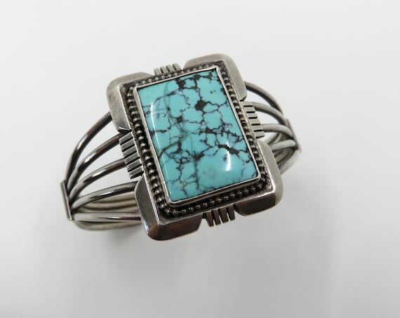 Vintage Sterling Silver Navajo Turquoise Bangle Cuff 41.5 grams signed by the artisan