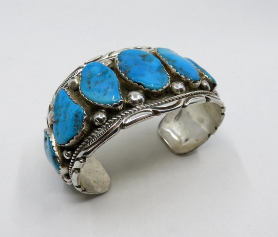 Vintage Huge Sterling Silver Navajo Turquoise Bangle Cuff by the artisan Richard T Thomas 84.5 grams Old Pawn