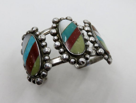 Vintage Sterling Silver Navajo Inlaid Turquoise Coral Mother Of Pearl Multi Stone Bangle Cuff 43 grams