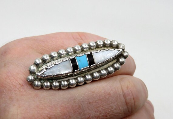 Vintage Solid Sterling Silver Navajo Inlaid Mother Of Pearl Turquoise Onyx Statement Ring size U (10.5)