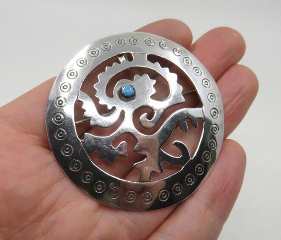 Broche Vintage Art Déco En Argent Massif 925 - Représente Un Chat Avec Turquoise - Style Taxco - Occasion