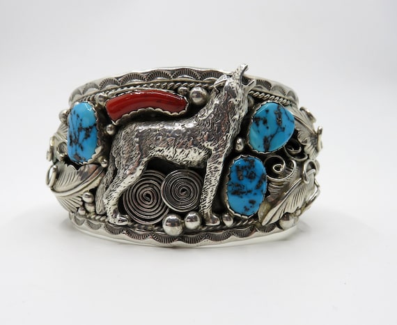 Vintage Huge Sterling Silver Navajo Turquoise Coral Howling Wolf Bangle Cuff by artisan Gene Natan 146 grams