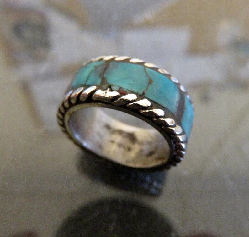 Vintage One Off Carved Crushed Turquoise Coral Ring Navajo Style Sterling Silver Size L 6