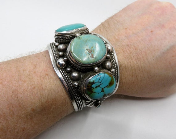 Vintage Huge Sterling Silver Turquoise Bangle Cuff Tibetan Nepalese Overlay 126.5 grams