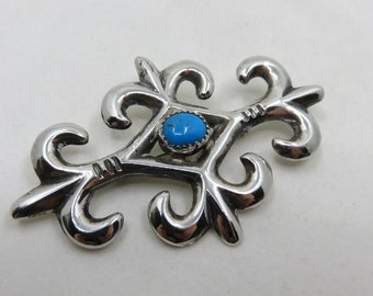Vintage Sterling Silver Navajo Sandcast Turquoise Tufa Brooch signed by the artisan