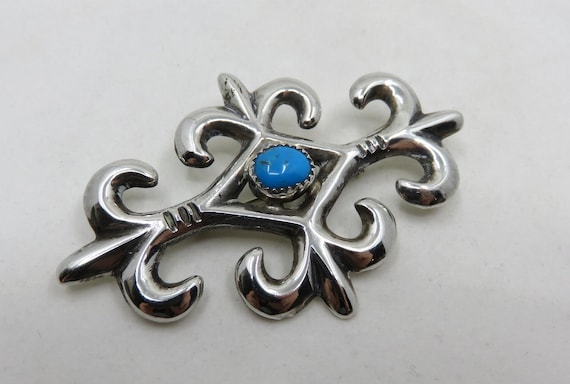 Vintage Sterling Silver Navajo Sandcast Turquoise Tufa Brooch signed by the artisan