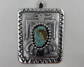 Solid Sterling Silver Large Turquoise Thunderbird Navajo Native American Pendant by You Got The Silver