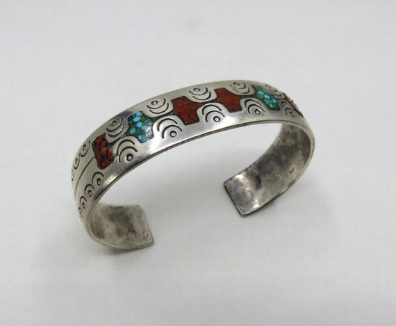 Vintage Early 70s Sterling Silver Navajo Crushed Turquoise Coral Bangle Cuff 33.5 grams signed by the artisan William Singer