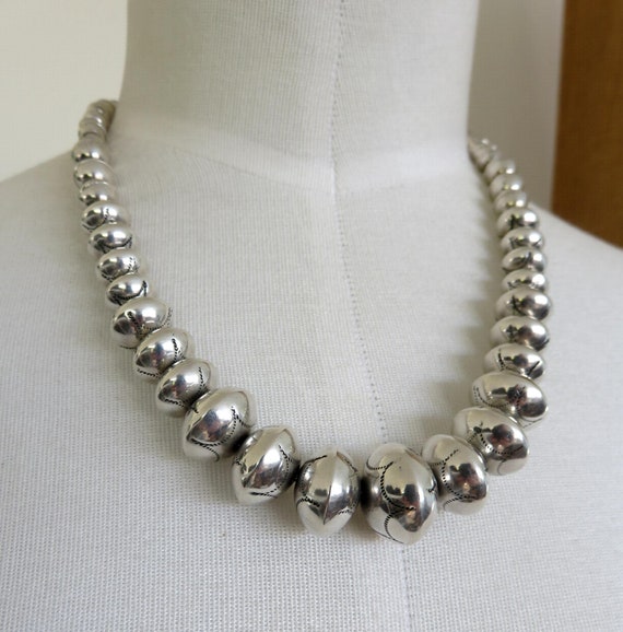 Reserved NFS: Vintage Huge Sterling Silver Navajo Stamped Pearl Cushion Concho Bead Necklace 18" length 47.7 grams