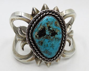 Vintage Huge Sterling Silver Navajo Tufa Cast Turquoise Bangle Cuff 90.1 grams Old Pawn signed by the artisan