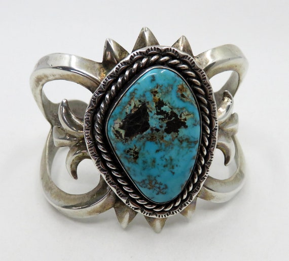 Vintage Huge Sterling Silver Navajo Tufa Cast Turquoise Bangle Cuff 90.1 grams Old Pawn signed by the artisan