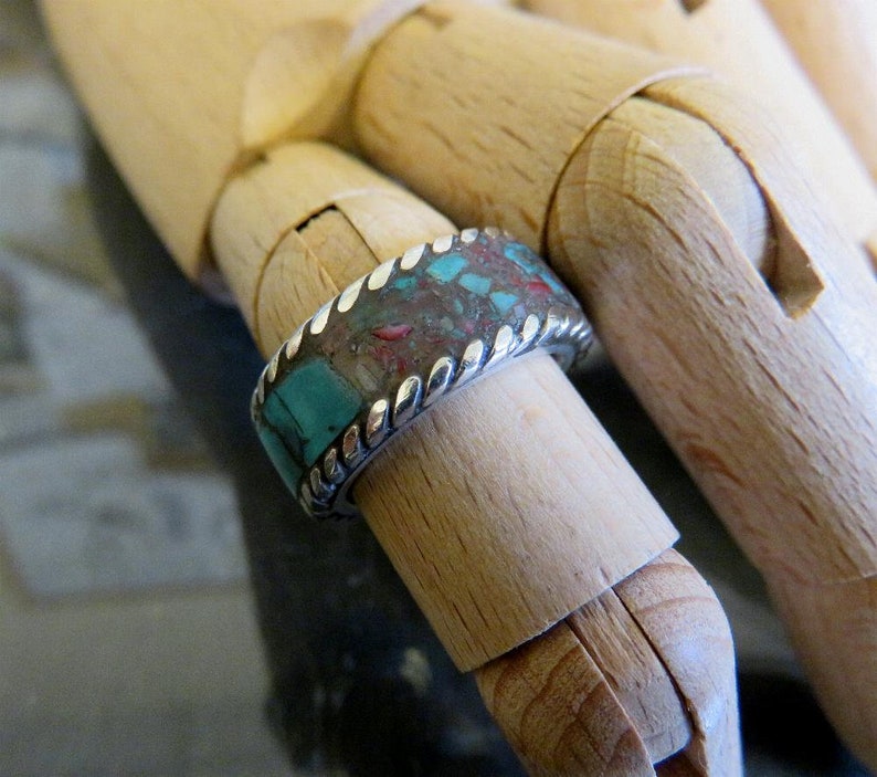 Vintage One Off Carved Crushed Turquoise Coral Ring Navajo Style Sterling Silver Size L 6