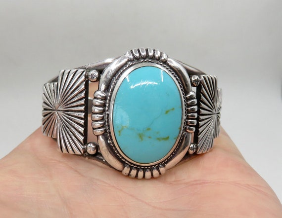 Vintage Sterling Silver Navajo Turquoise Stamped Overlay Bangle Cuff 51 grams