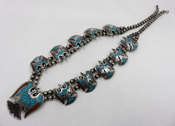 Important Vintage Native American Navajo Running Water Artist Turquoise Coral Necklace Old Important Vintage Native American Navajo Running Water Artist Turquoise Coral Necklace Old