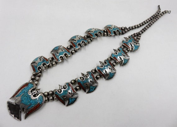 Vintage Sterling Silver Crushed Turquoise & Coral Peyote Bird Thunderbird Squash Necklace Old Pawn Navajo 25" Length 139 grams