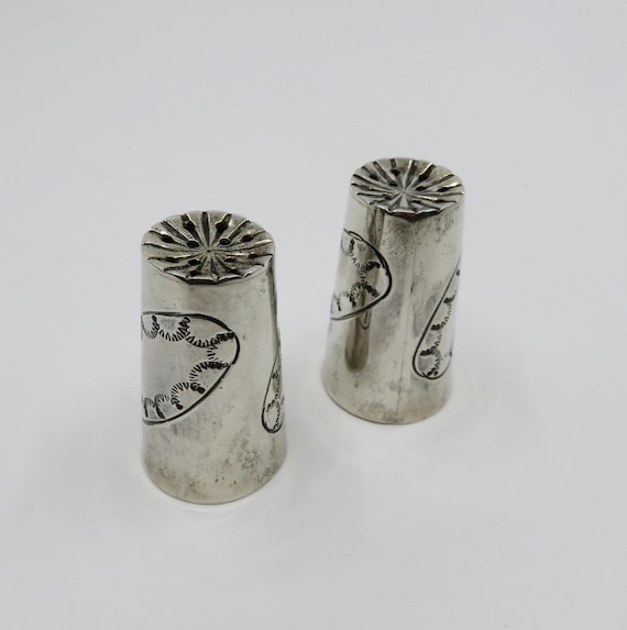 Vintage Solid Sterling Silver Navajo Fred Harvey Salt and Pepper Shakers Stamped Antique Silver 45 grams