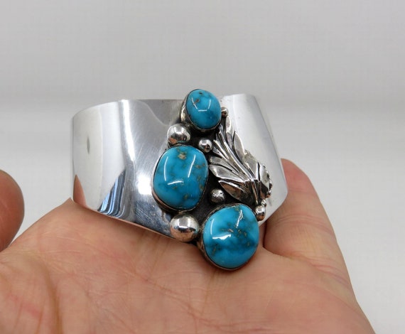 Vintage Rare Sterling Silver Navajo Turquoise Bangle Cuff 44.5 grams signed by the artisan DZ