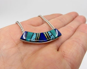 Vintage Sterling Silver Navajo Zuni Multi Inlaid Stone Set Necklace Pendant 18" length signed by the artisan