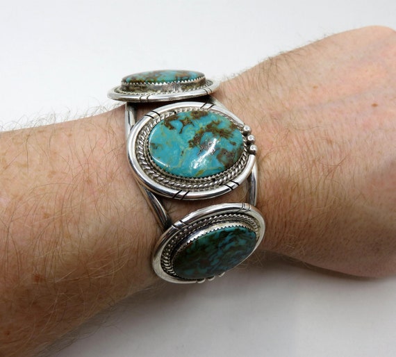 Vintage Huge Sterling Silver Navajo Turquoise Bangle Cuff by the artisan Ray Begay 79 grams Old Pawn