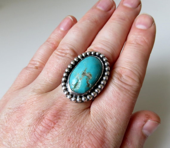 Solid Sterling Silver Oval Turquoise Navajo Style Feather Ring size Y (USA 125)