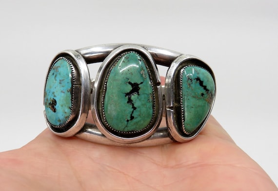 Vintage Huge Sterling Silver Navajo Shadowbox Turquoise Bangle Cuff signed by the artisan 97.2 grams Old Pawn