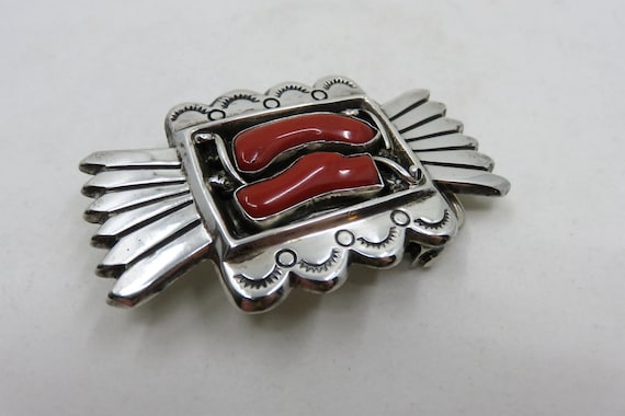Buy Vintage Sterling Silver Navajo Stamped Coral Belt Buckle  display picture 3