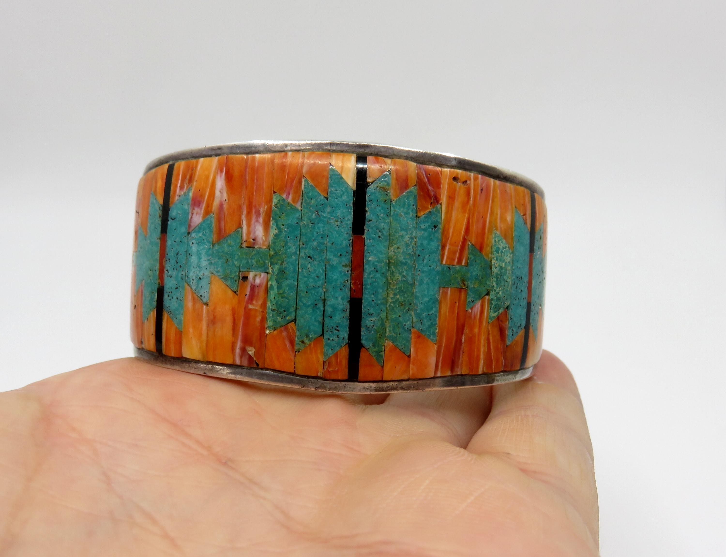 Vintage Huge Sterling Silver Navajo Inlaid Turquoise Spiny Vintage Huge Sterling Silver Navajo Inlaid Turquoise Spiny