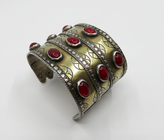 Vintage Silver Carnelian Coloured Glass Bangle Gilded Cuff Bracelet Turkmen Tekke Asian Nomad Tribal Ethnic 53.7 grams 800+ grade silver