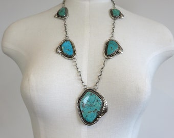 Vintage Sterling Silver Navajo Turquoise Necklace Pendant Old Pawn Navajo 24" Length 99.5 grams Squash Blossom