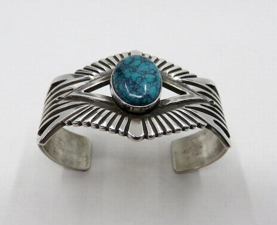 Vintage Sterling Silver Navajo Tufa Cast Turquoise Stamped Bangle Cuff 60 grams Old Pawn