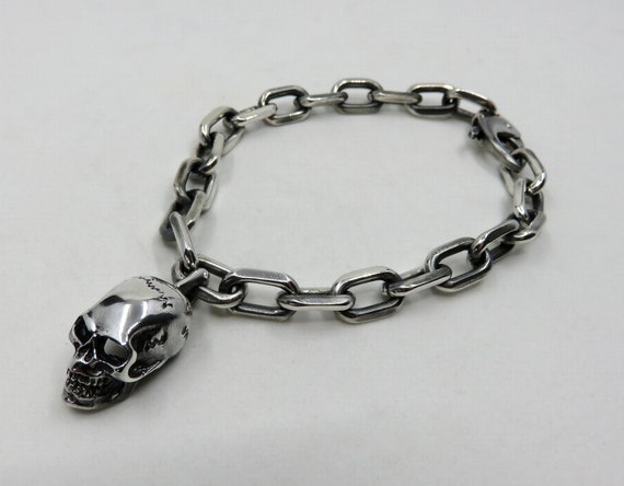 Solid Sterling Silver Marine Link Chain Memento Mori Victorian Skull Bracelet 53.5 grams