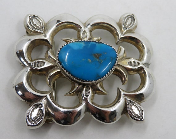 Vintage Sterling Silver Belt Buckle Navajo Sand Cast Tufa Turquoise by the artisan Wilford B. Henry 66.5 grams