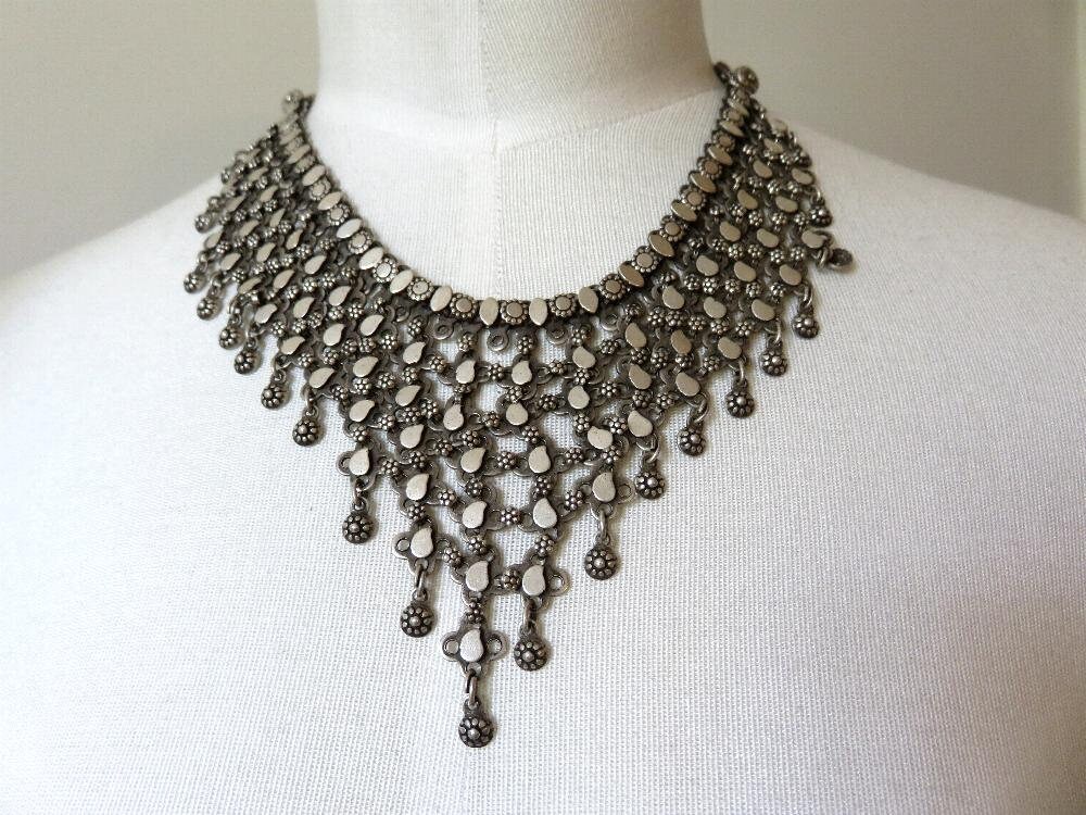 Vintage Solid Silver Beaded Antique Bib Necklace Rajasthani Indian