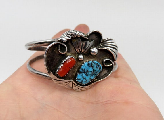 Vintage Sterling Silver Navajo Turquoise and Coral Overlay Bangle Cuff signed by the artisan Cecil Henry 22.1 grams