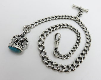 Vintage Solid Sterling Silver Albert Pocket Watch Chain Turquoise Lion Fob Necklace 40.7 grams Birmingham Hallmarks 1919 Herbert Bushell