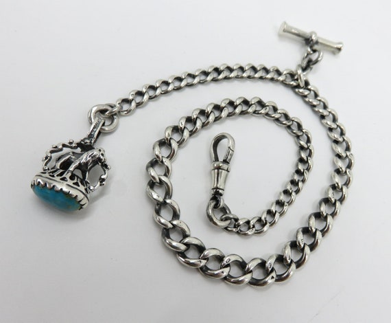 Vintage Solid Sterling Silver Albert Pocket Watch Chain Turquoise Lion Fob Necklace 40.7 grams Birmingham Hallmarks 1919 Herbert Bushell