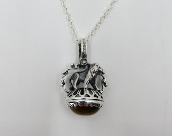 Solid Sterling Silver Victorian Style Lion Tigers Eye Pendant Albert Fob Necklace Chain