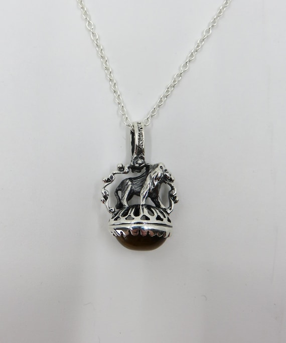 Solid Sterling Silver Victorian Style Lion Tigers Eye Pendant Albert Fob Necklace Chain