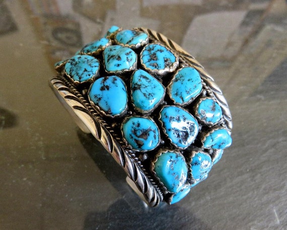 Vintage Sterling Silver Turquoise Cuff Bangle by Navjo artisan E. Spencer 122.7 grams