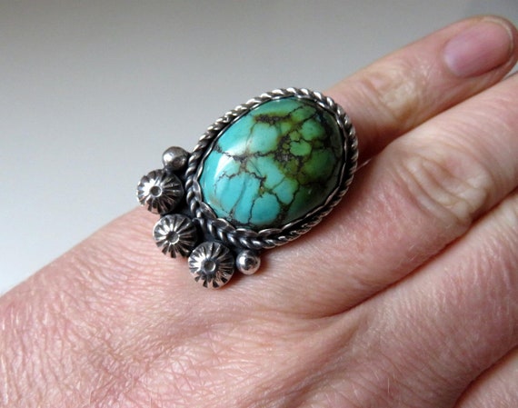 Solid Sterling Silver Oval Turquoise Navajo Style Ring size O (USA 7.5)